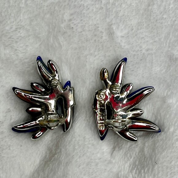 Vintage Claudette blue Enamel & Silver Tone Clip-On Earrings - Picture 3 of 3